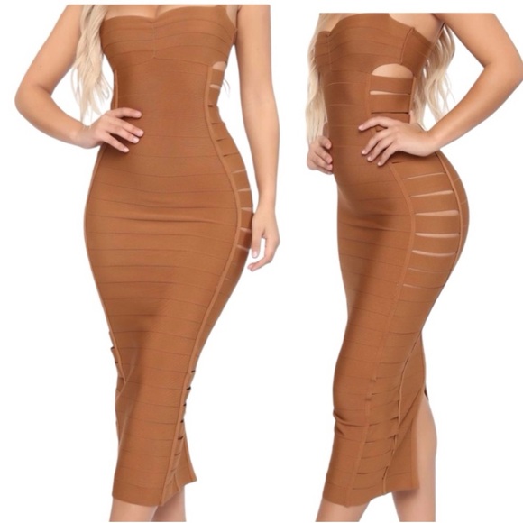 Fashion Nova Dresses & Skirts - Fashion Nova Brown Ruched Strapless Bodycon Midi Dress
